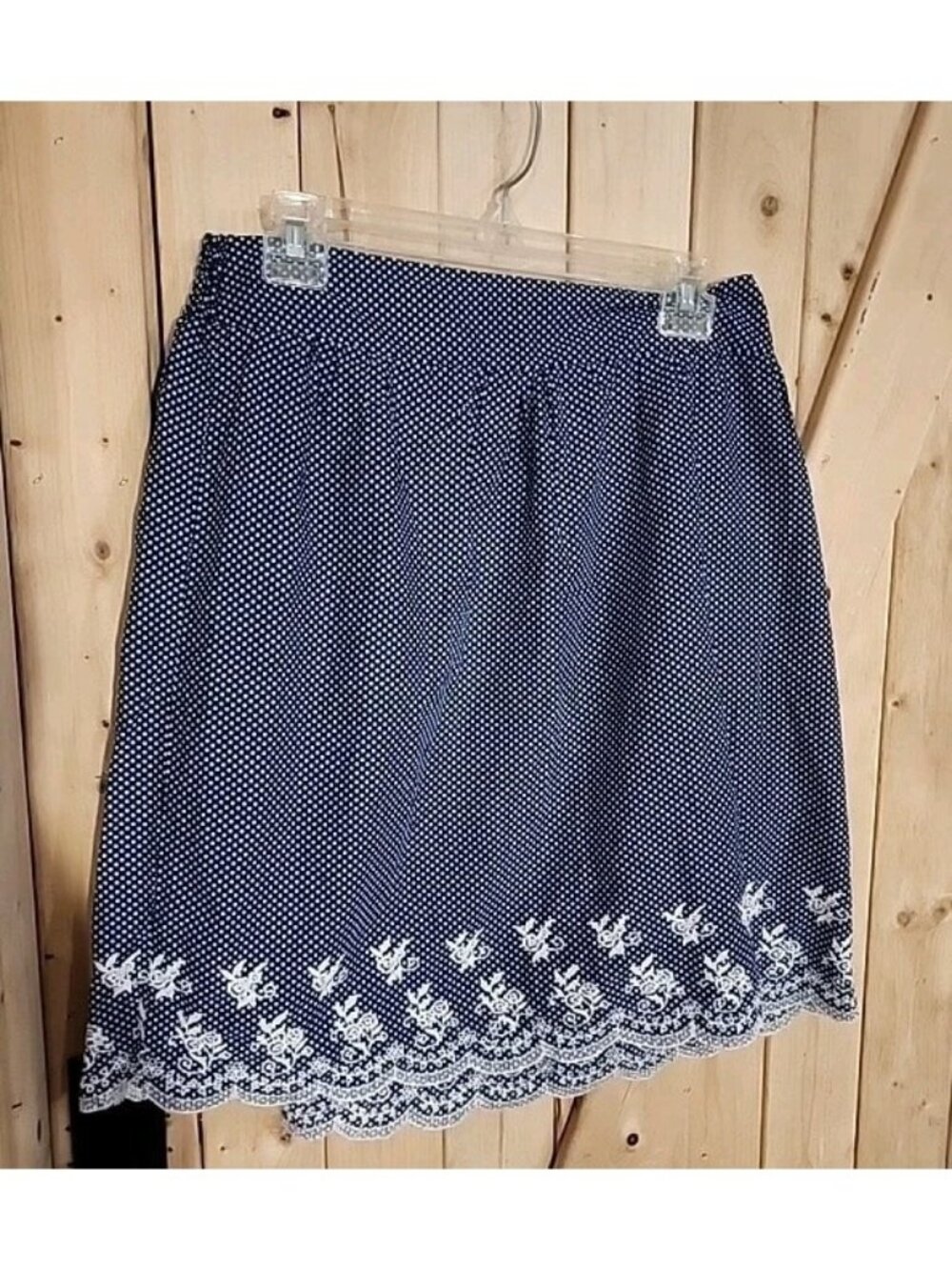 Polka Dot Skirt Womens L Blue White Embroidered Scalloped Hem Summer Vacation